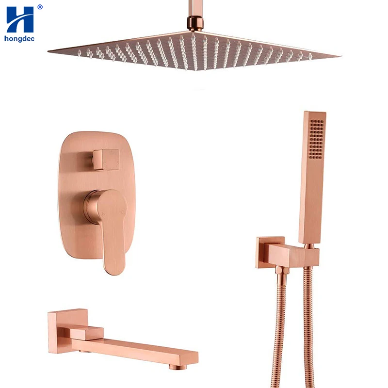 Hongdec Bathroom Brass 12 Inch Ceiling Mount Rainfall Shower Faucet System Mixer Set ，Brushed Rose Gold Finsh