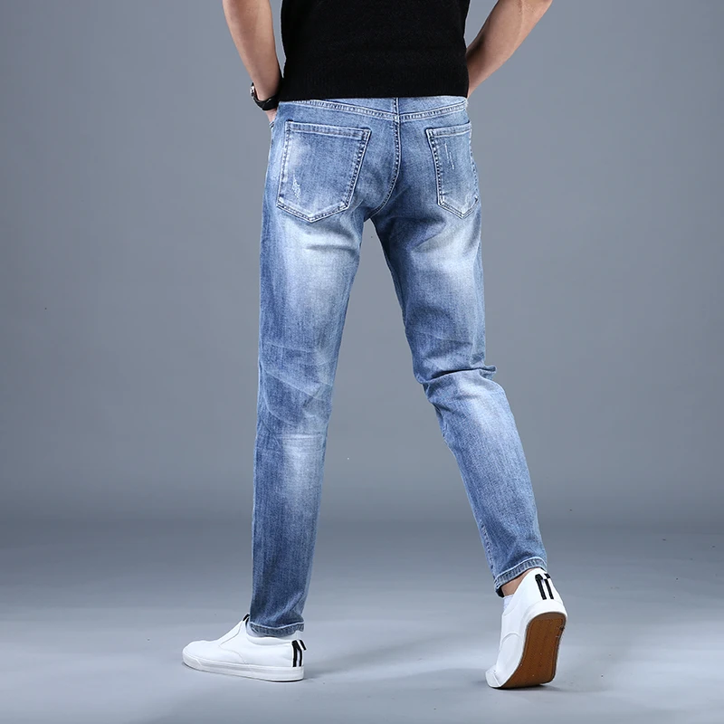 Summer Men's Blue Ripped Jeans Casual Loose Straight Denim Pants