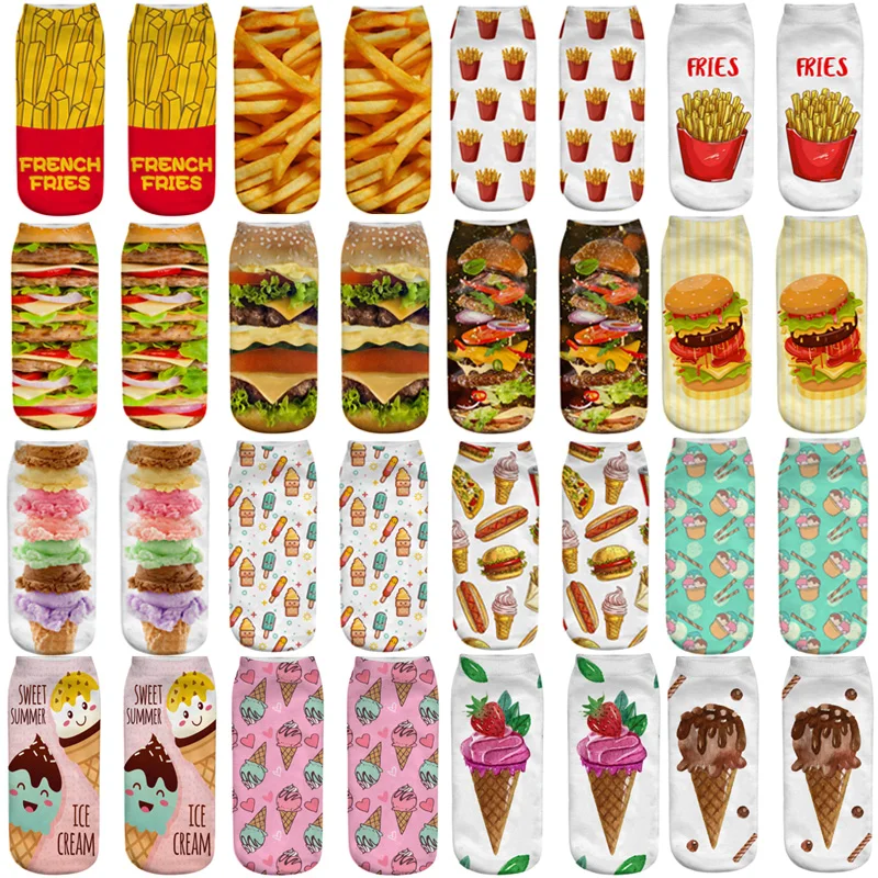 

Funny Unisex Men Art Socks Women Printing Potato chips French fries Hamburger Ice Cream Ankle Socks Cotton Short Socks For Men