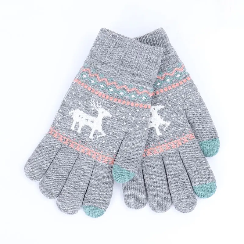 Gray Winter Female Winter Vintage Deer Knitted Gloves Women Thicken Touch Screen Gloves Winter Warm Snow Elk Full Finger Mittens - Цвет: Gray