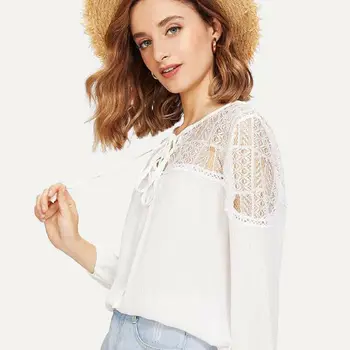 

Sexy Lace Mesh Shirt For Women Casual Embroidery Patchwork Long Sleeve Tops Chiffon Blouse Ladies Loose Tops Shirt Female Blusas