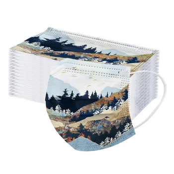 

50pc Adult's Fashion Mask Disposable Mountain Printed Face Mask Masque Personal 3-layer Non-woven Face Masks Face Cover Mascaras
