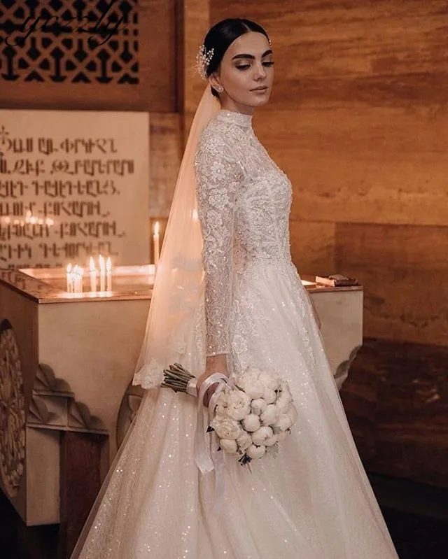 Vestido De Noiva роскошное с высоким воротом платье трапециевидной формы одежда с длинным рукавом свадебное платье мусульманское плюс Размеры аппликации кружевные со стразами Свадебные платья Y02