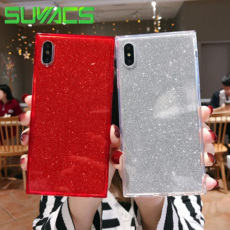 

SUYACS Square Transparent Glitter Case For iPhone XR XS MAX X 6 6S 7 8 Plus Soft TPU Protector Phone Back Cover Case Coque