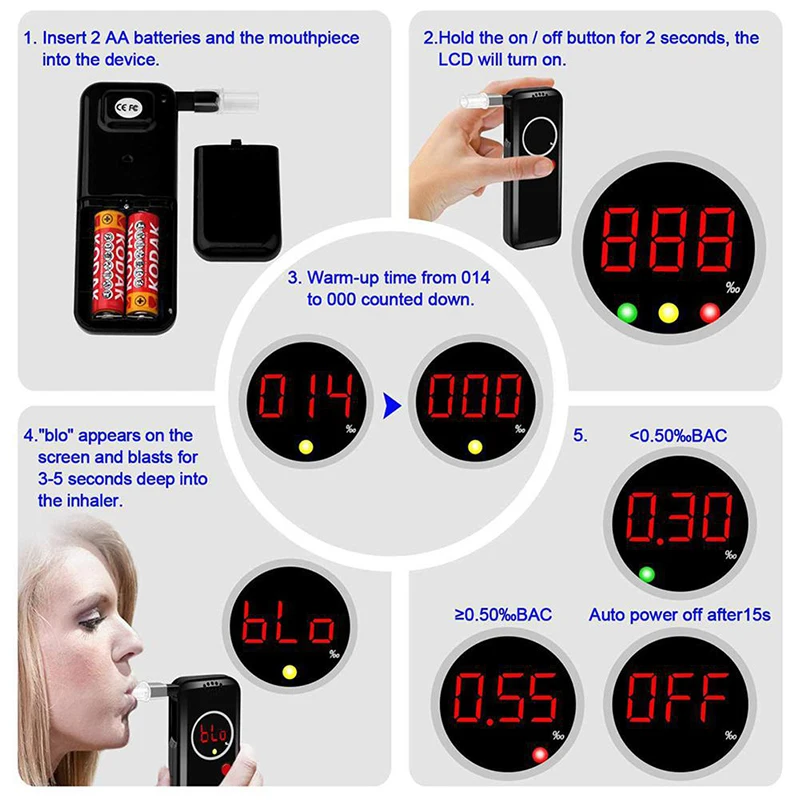 1 Pcs Professional Alcohol Breath Tester Breathalyzer Analyzer Detector Test Breathalizer Breathalyser Device LCD Screen