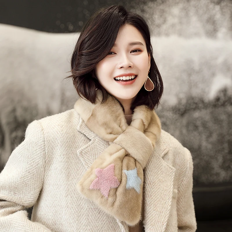 Lantafe Mink Scarf Winter For Women Scarf Real Fur Collar Scarf Star Pattern Mink Fur Scarf Neck Warm Winter Scarf Fashion
