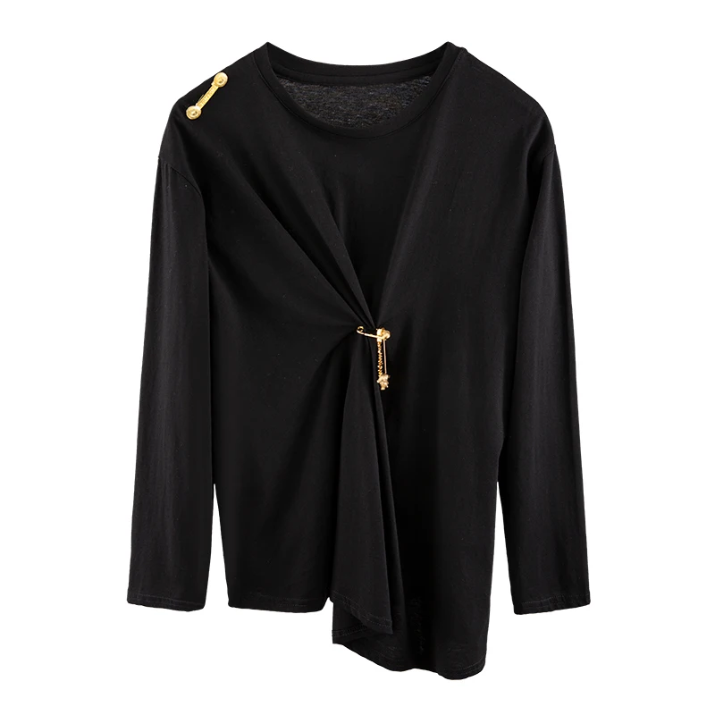 autumn new metal pin decoration fold round neck long sleeve irregular T-shirt female slim fashion