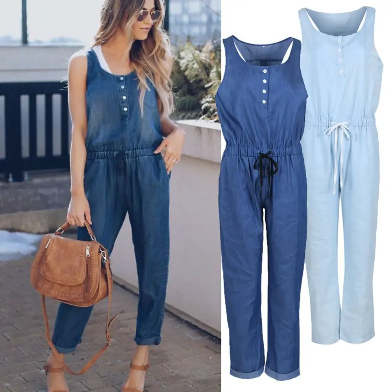 Sleeveless Button Solid Color Fashion Casual Jumpsuits Jeans European