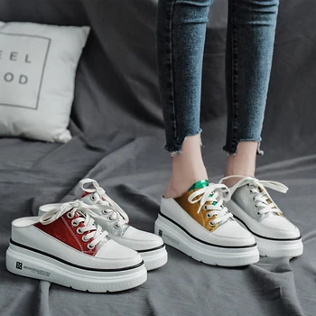 

Brand Patchwork Mule Woman Platform Wedges Slippers Cross Strap Round Toe Pump Slip on Heighten Shoes Size 35-40 Sandalias Mujer