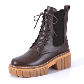 

genuine leather women boots new 2021 autumn winter shoes woman ankle boots high heels platform black brown Chelsea Boots 34-40