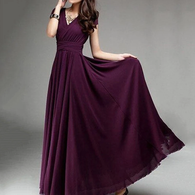 Women Fashion Bohemian Maxi Long Dress Evening Party Solid Dress V-neck Sleeveless
