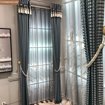 

Custom curtains Grey gauze simple modern luxury yarn blue green outer yarn cloth blackout curtain tulle drapes B594