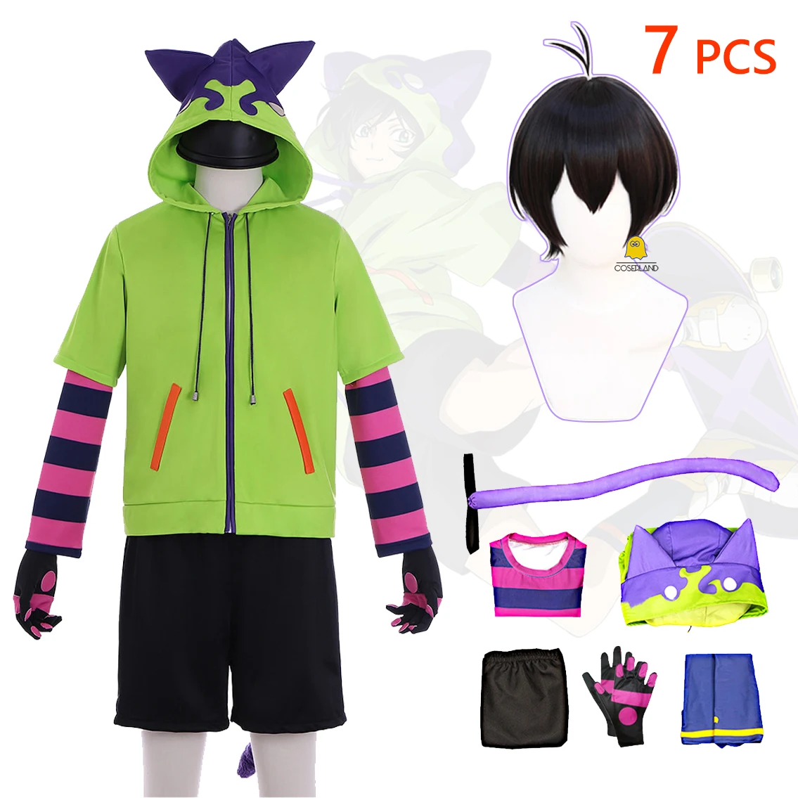 Anime SK8 the Infinity Miya Chinen Cosplay Costume Black Wig Green Short Sleeved Hoodie Striped T-shirt Shorts Sport Outfit |