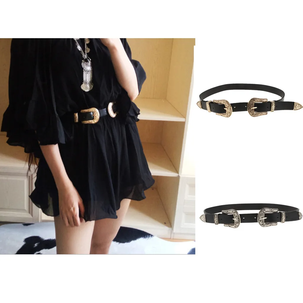 Women's Skinny Slim Retro Vintage Leather Double Buckle Belt Waist Strap for a Western Style Outfit or Casual Jean Belt