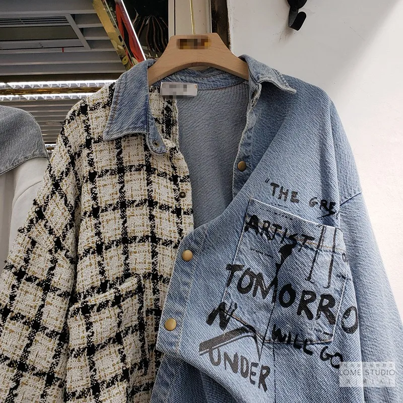 Graffiti Letter Print Women Plaid Stitching Jeans