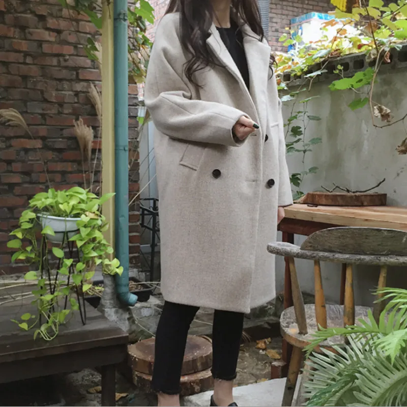 

Wool Blend Coat Women Long Sleeve Turn-down Collar Outwear Jacket Casual Autumn Winter Double-breasted Elegant Overcoat New