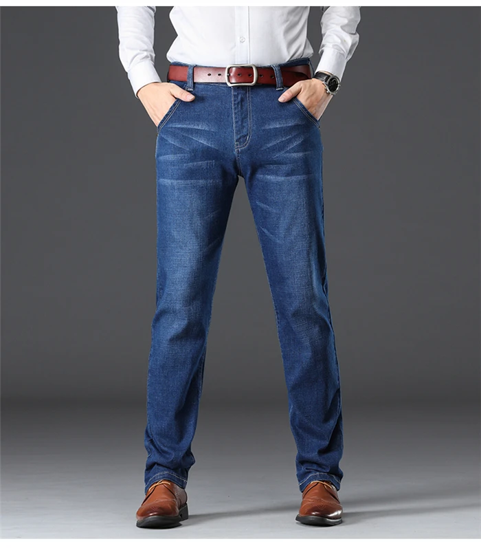 Классический стиль мужские деловые модные джинсы осень зима новые черные синие плотные прямые стрейч джинсовые брюки мужские брендовые