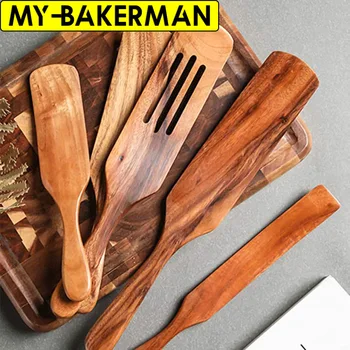 1-5PCS/SET Teak Wood Natural Long Handle Spatula Kitchen Set 1