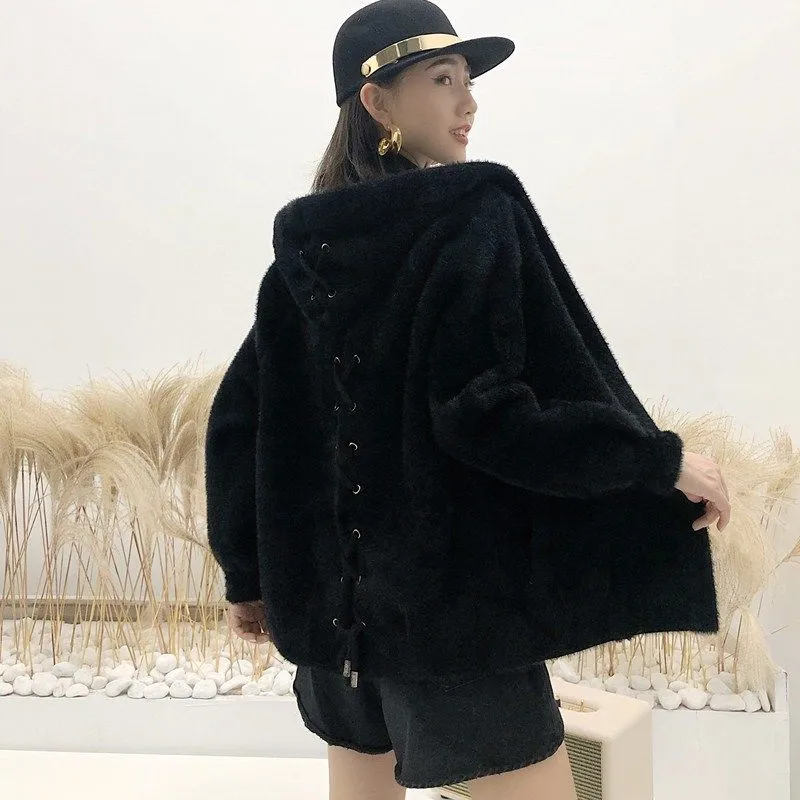 Black Пальто женский короткий параграф бархатный кардиган с капюшоном женская верхняя одежда осень и зима тонкий толстый Универсальный - Color: Black
