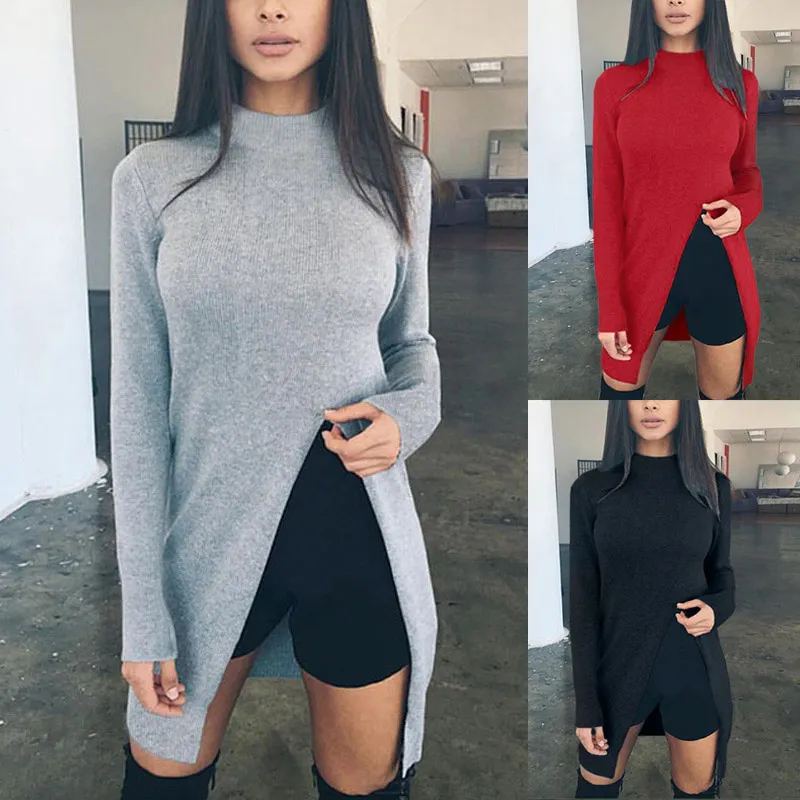 

Autumn Winter Women Sweater Solid Color Long Sleeve High Neck Front Split Casual Knitted Pullover JS24