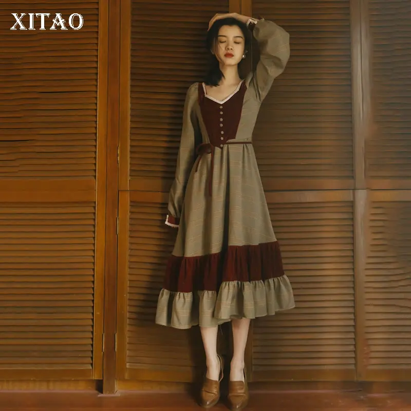 XITAO модного цвета, в стиле пэчворк, клетчатое элегантное платье, женская одежда, модное корейское винтажное платье с оборками и высокой талией, осень WQR1919