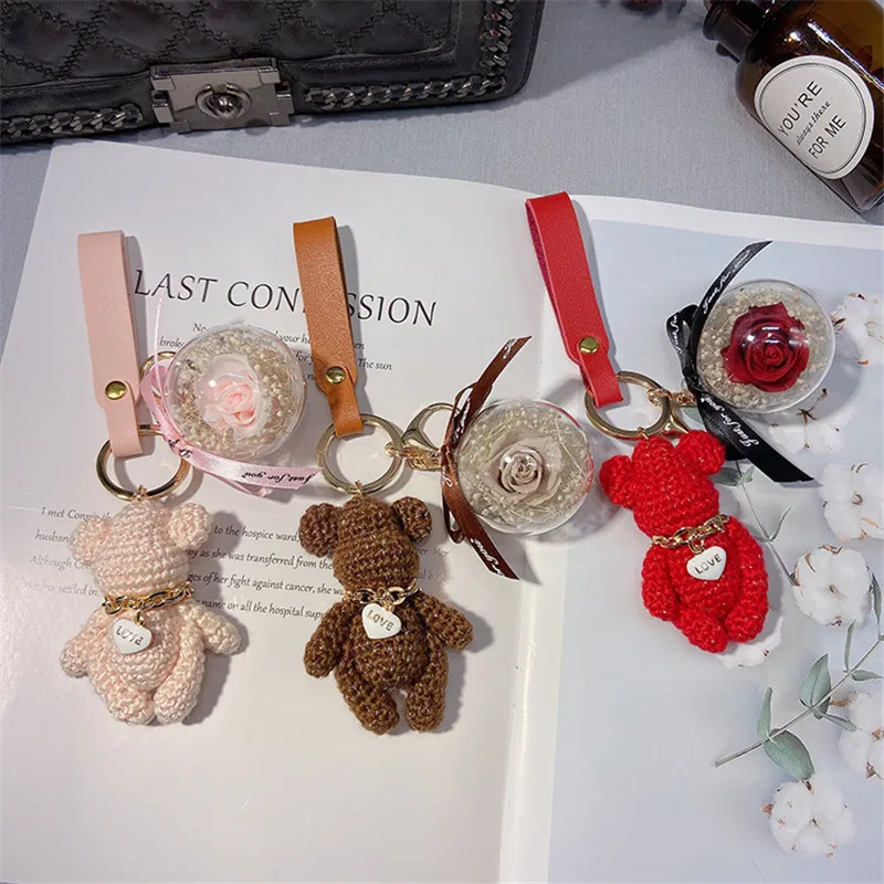 Creative Cute Handmade Knitting Gloomy Bear Keychain Women Luxury Natural Flower Key Chain Lanyard Bag Charms Couple Gift