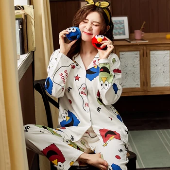 

Women Pajamas Set Cute Cartoon Printed Ladies Pyjamas Turn-down Collar Sleepwear Pijama Home Clothes For Women