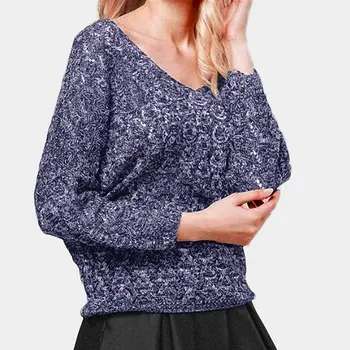 

Navy Blue 2020 New Spring Autumn Fashion Ladies Long Sleeve Women Hollow Knitting Sweater V- neck Pullover Sexy Jumper Sweater
