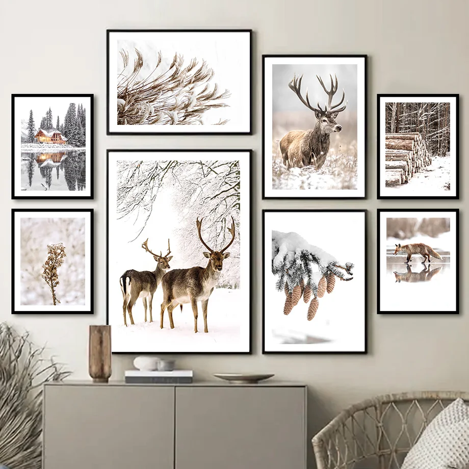 Winter Snow Deer Forest Reed Wood Wall Art Canvas Painting Nordic Posters And Prints Wall Pictures For Living Room Winter Decor