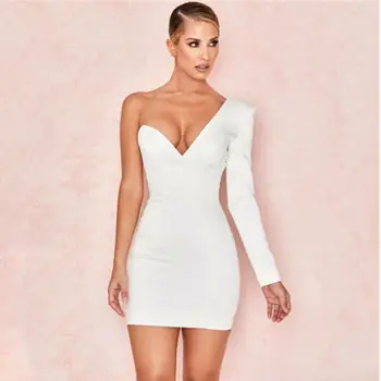

Elegant Women Autumn Daily Classy One Shoulder Female Dress Deep V Neck Long Sleeve Stretch Slim Waist Mini Dresses For Women