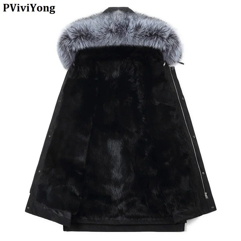 PViviYong зимнее высококачественное Мужское пальто с капюшоном из натурального меха енота с подкладкой из волчьей шерсти, тонкая меховая парка, Мужское пальто 18151