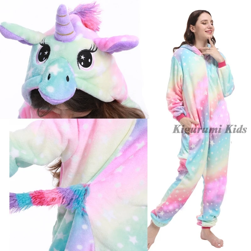 Kigurumi Adults Onesie Unicorn Pajamas Winter Flannel Women Girl Sleepwear Rainbow Fox Panda Costume Anime Cosplay Hooded Pijama