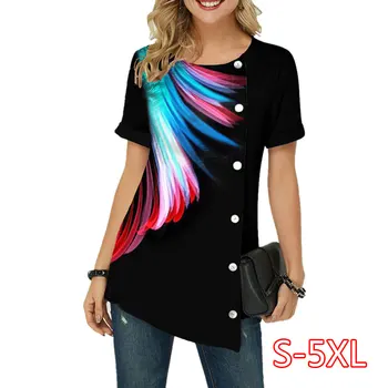 

3D Feather Printed T-Shirts Women's Short Sleeve New Summer Shirt Tees Large Sizes 5XL Ladies Top Buttons Short Sleeve 3D Tshirt