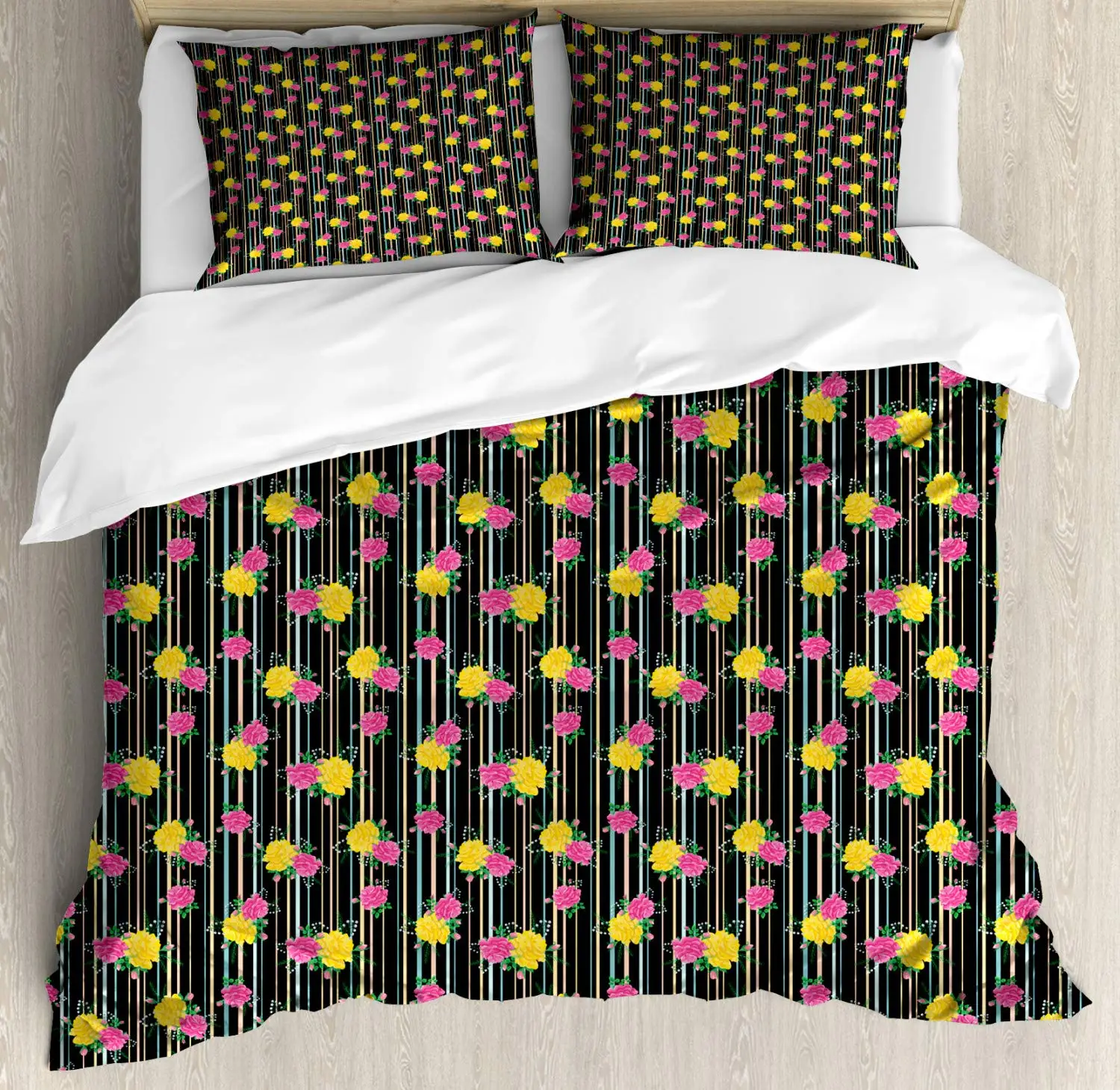 

Floral Duvet Cover Set Romantic Rose Bundles Prettily Arranged on Colorful Vertical Stripes Decorative 3 Piece Bedding Set