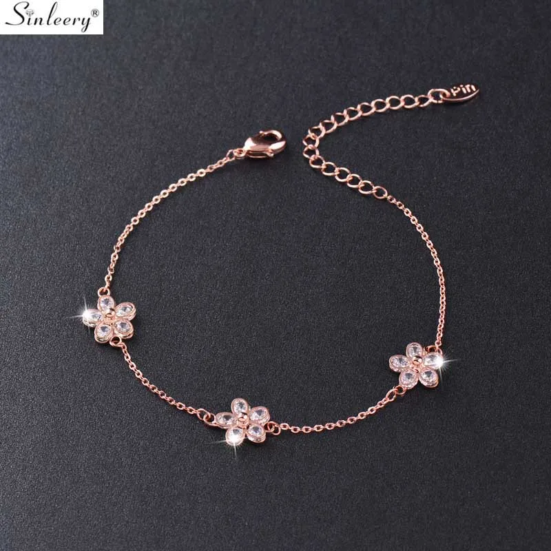 SINLEERY, очаровательный браслет с милыми цветами, розовое золото, серебро, инкрустация цепочкой, маленький Кристальный браслет для женщин, ювелирное изделие SL452 SSC