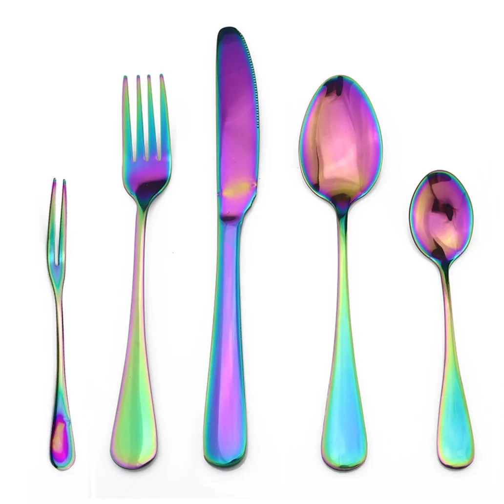 Iridescen Rainbow Flatware Set Stainless Steel Cutlery of Sets Fruit Salad Forks Long Coffee Spoon Dinnerware Service for 1 | Дом и сад