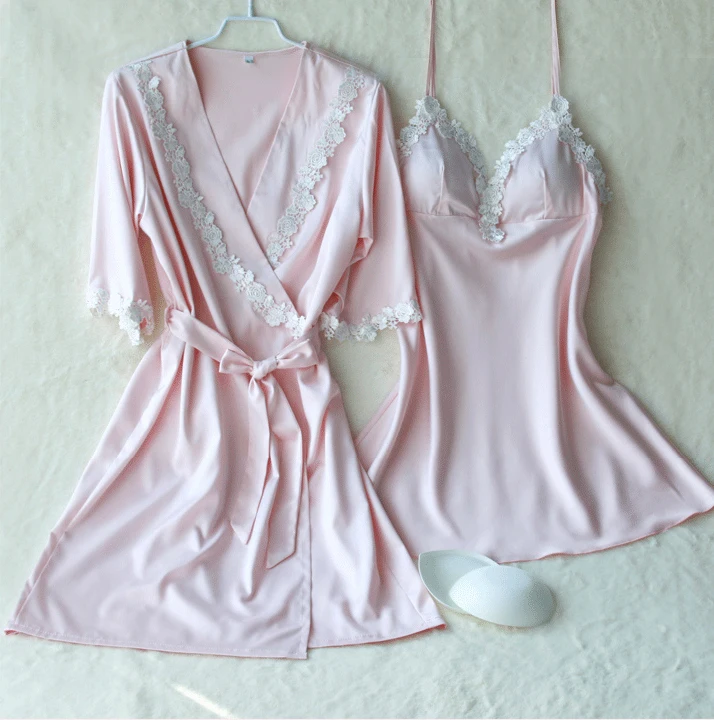 Navy Blue Summer Night Robe Sexy Women 2PC Strap Top Sleepwear Sets Casual Pajamas Home Wear Nightwear Sleep Kimono Bath Gown