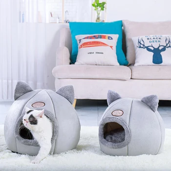 

Winter Pet Cat Bed Indoor Kitten House Warm Semi-closed Plush Deep Sleep Pet Nest Cat Cave Cute Sleeping Mats