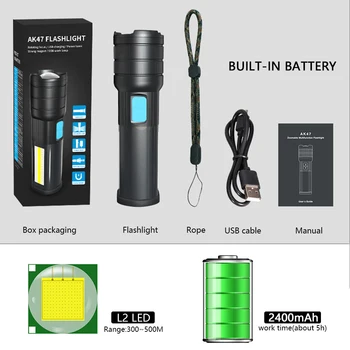 

6000 Lumens High-End LED Flashlight COB Camping Light Built-in Battery Side Light Rechargeable brighter Torch Tail with magnet