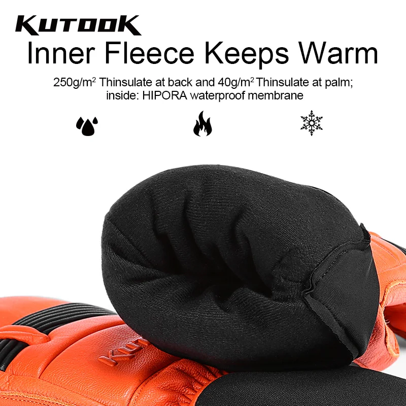 KUTOOK Winter Skiing Gloves Waterproof Goat Skin Leather Snowboard Snowmobile Gloves Warm Snow Ski Mittens Windproof Adjustable