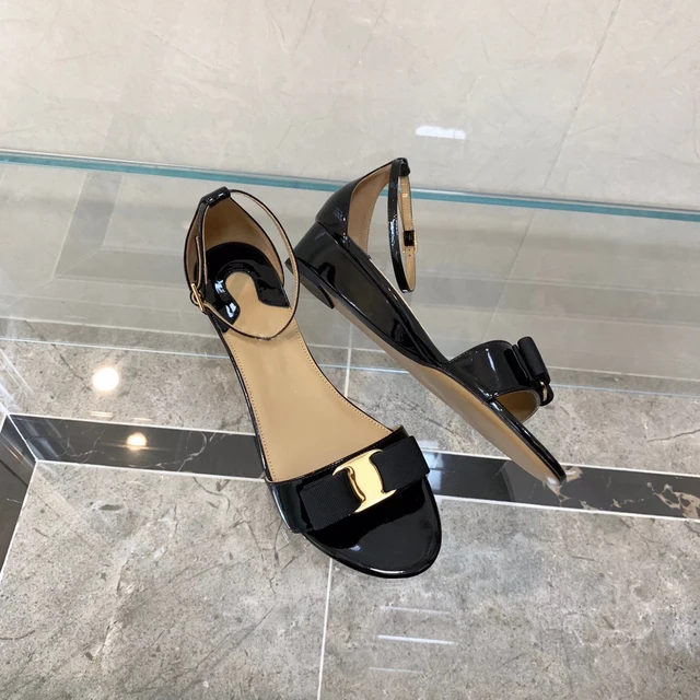 Women's Sandals 2021 Fashion Classic Genuine Sheepskin Patent Leather Wedges Shoes Temperament Style High Heel 4.5 CM db005 black