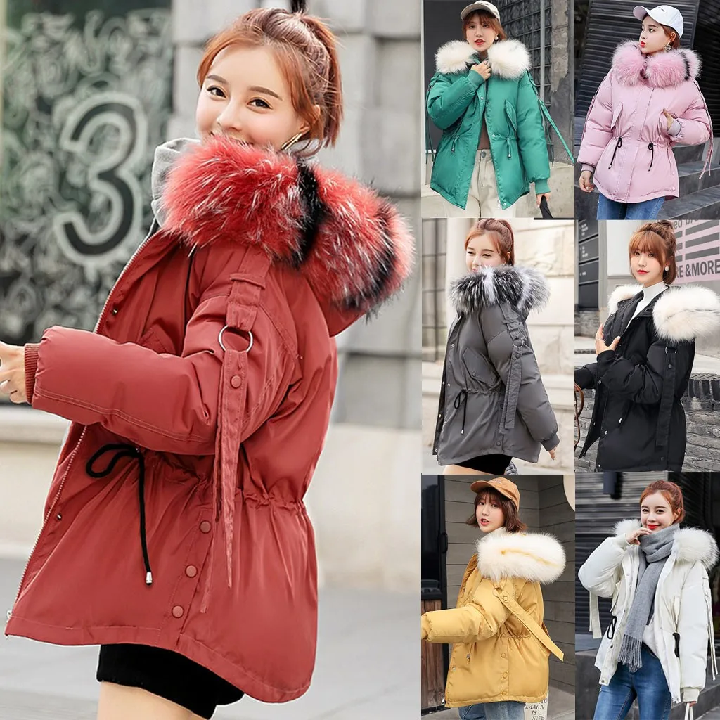 Женская зимняя теплая куртка-парка, верхняя одежда с длинным рукавом из искусственного меха, с капюшоном, с хлопковой подкладкой, с карманами, Бандажное пальто, Дамская парка пальто оверсайз, Новинка