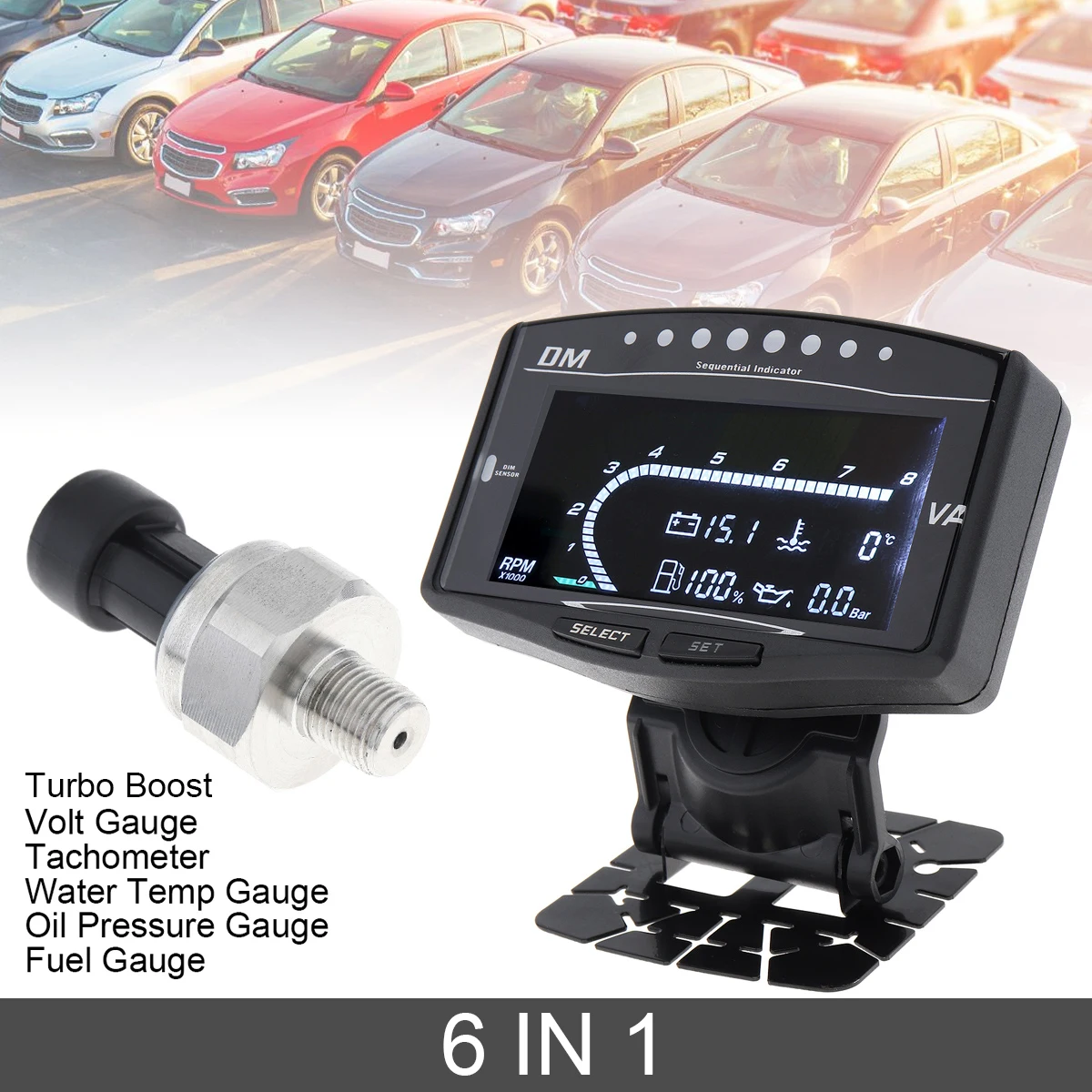 6IN1 Digital Car Voltmeter Oil Pressure/Water Temp/Fuel Gauge/Turbo Boost Gauge