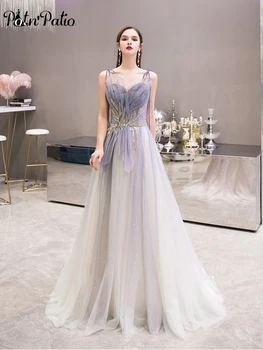 

Sweetheart Spaghetti Straps Sexy Prom Dresses 2020 A-line Floor-length Appliques Pleated Tulle Long Celebrity Dresses