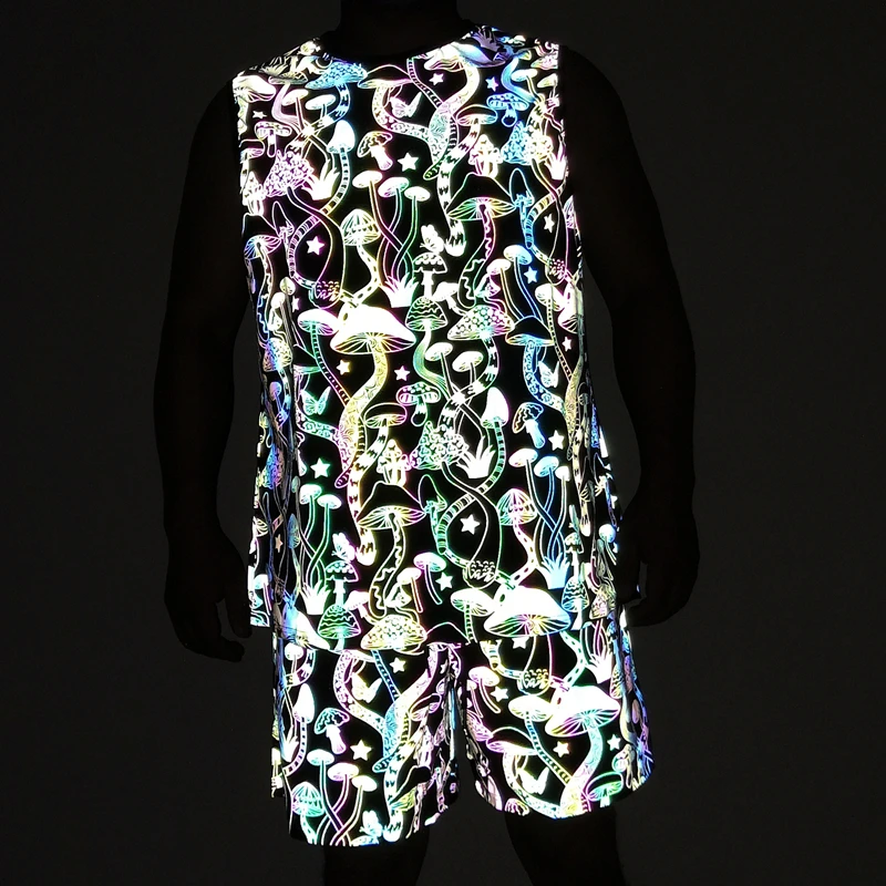 Summer Men's Sets Mushroom Print Reflective Tank Top Elasticity Breathable Sleeveless TShirt Sportswear Shorts Joggers tracksuit 3