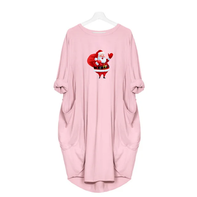Navidad Women Dress Christmas Pocket Casual Loose Vintage Party Fall Clothes Santa Claus Kawaii Womens  Dresses D002M544 Pink