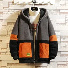 Aliexpress - Men ‘s Hooded Jacket 2021 Winter Fleece Patchwork Zipper Harajuku Street Gray Coat