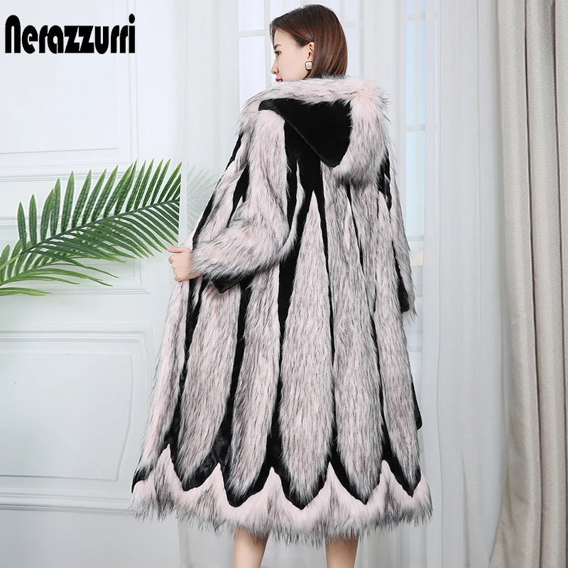 Nerazzurri runway 2020 patchwork faux bontjas met capuchon roze lange winter vrouwen mode jassen plus size kleur blok uitloper 7xl Nerazzurri runway 2020 patchwork faux bontjas met capuchon roze lange winter vrouwen mode jassen plus size kleur blok uitloper 7xl