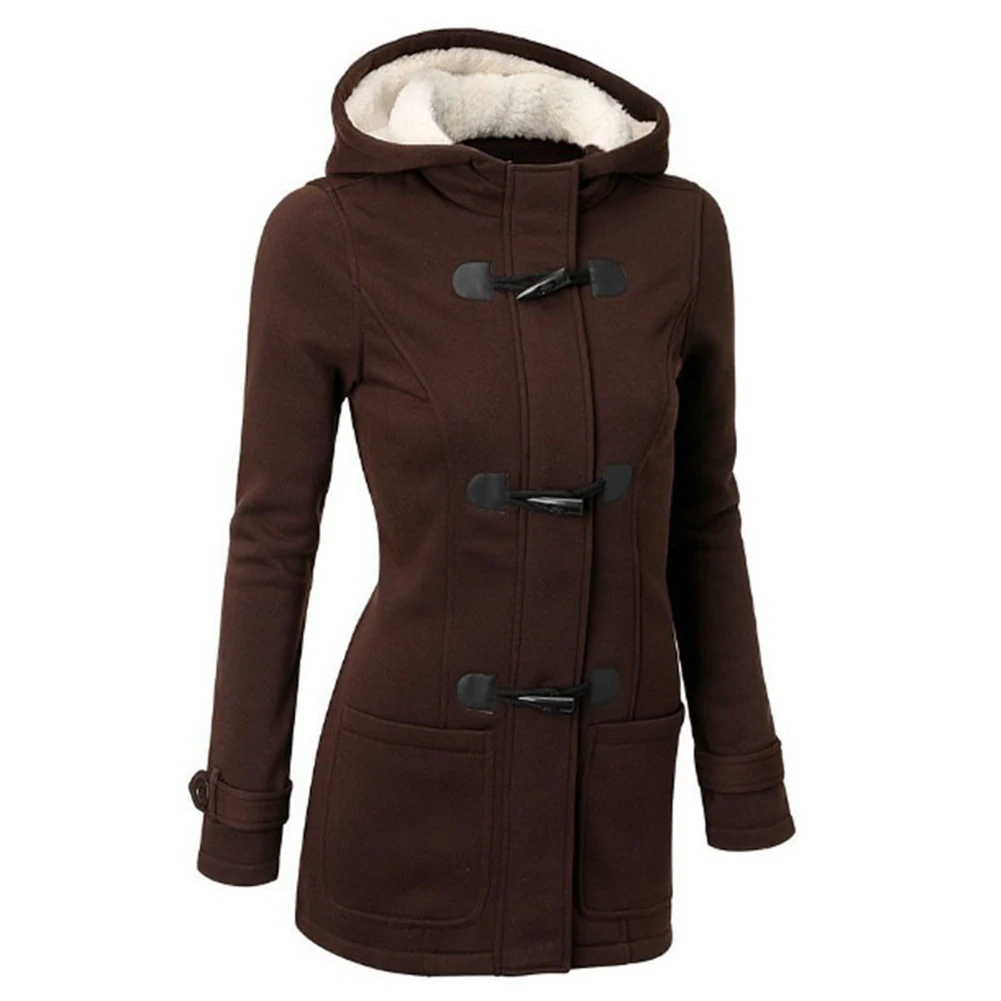 Размера плюс зимняя мода женщин сплошной цвет Роговая пряжка с капюшоном с длинным рукавом пальто