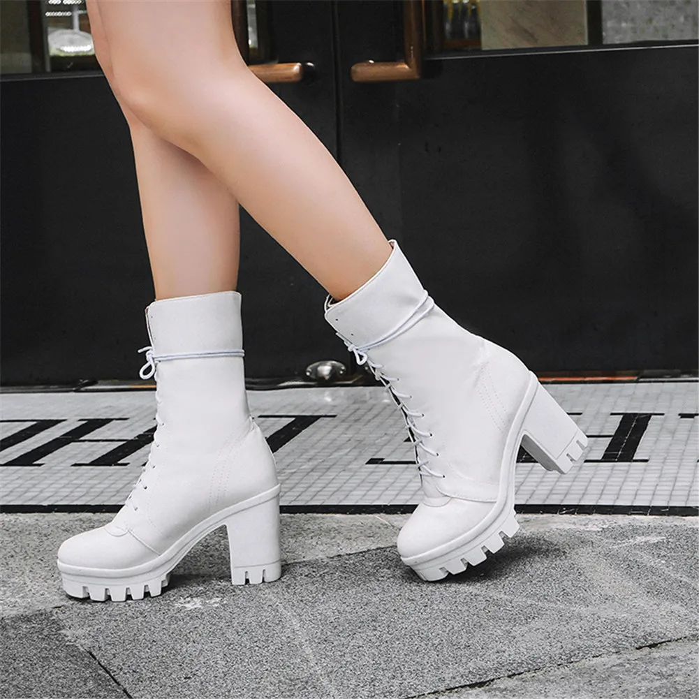 Doratasia/новые модные ботинки до середины икры на платформе, большие размеры 43 Женская обувь осенне-зимняя обувь на массивном высоком каблуке женские ботинки